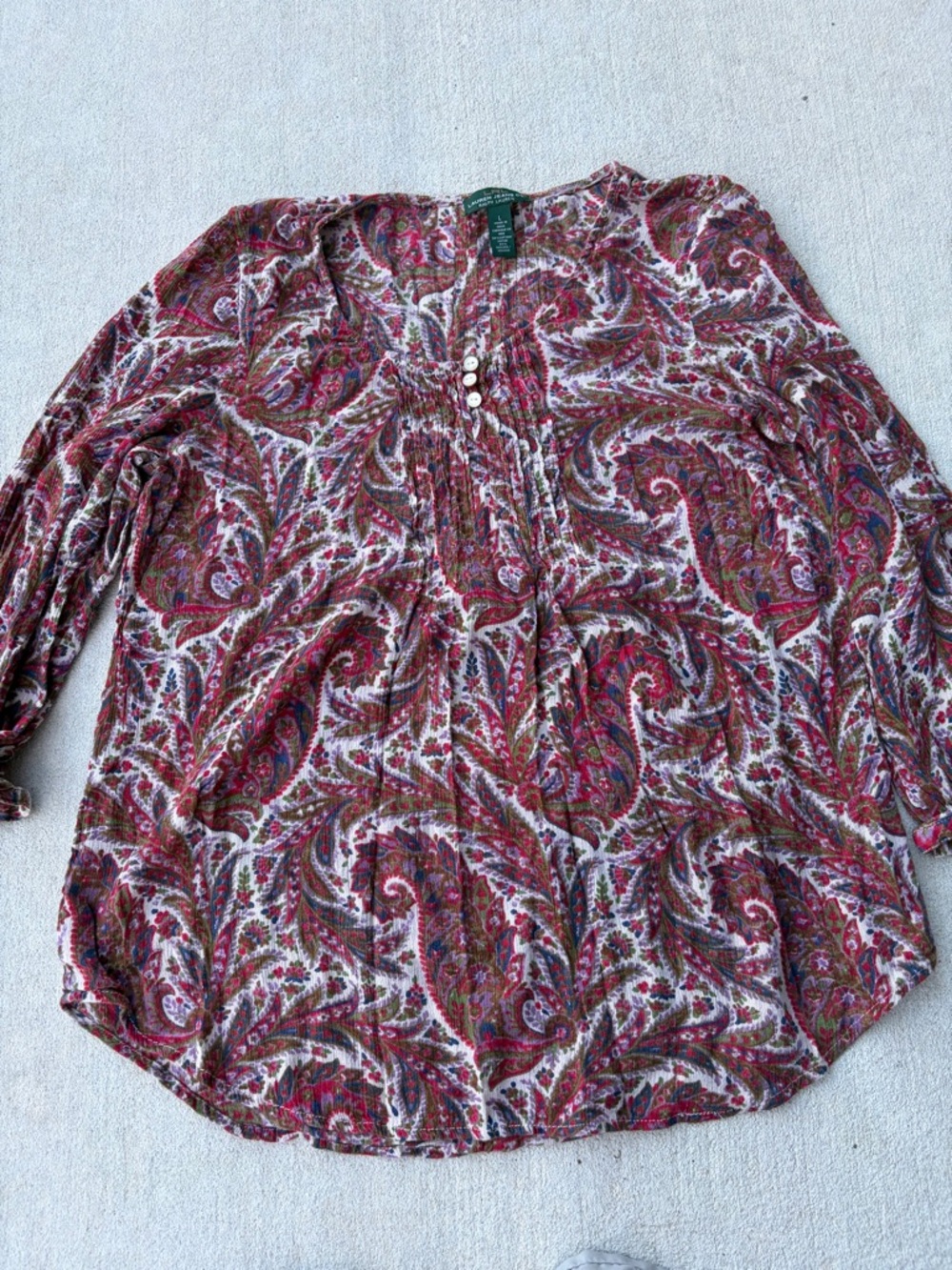 LRL Lauren Jeans Co Women's L Large Blouse Shirt Top Paisley Pleated 3/4 Sleeve